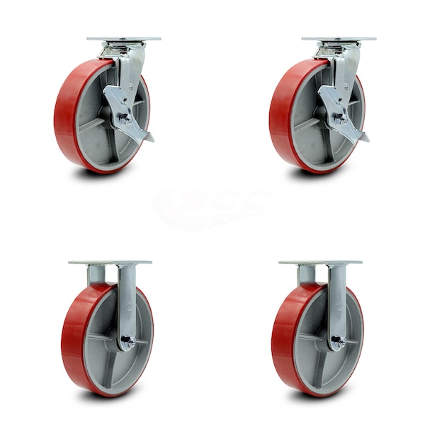 Service Caster 8 Inch Red Poly on Cast Iron Caster Set with Ball Bearings 2 Brakes 2 Rigid SCC SCC-30CS820-PUB-RS-TLB-2-R820-2 - main
